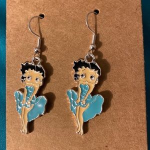 Silver tone Betty boop light blue dress enamel earrings